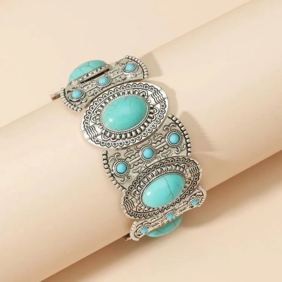 Vintage Silver Turquoise Wide Bracelet - Picture 2 of 4